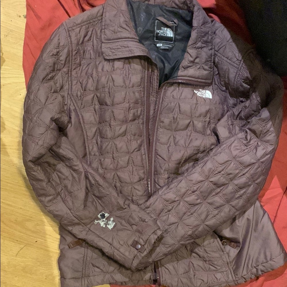 The North Face Brown Puffer Jacket with Quilted Design and Stand-Up Collar